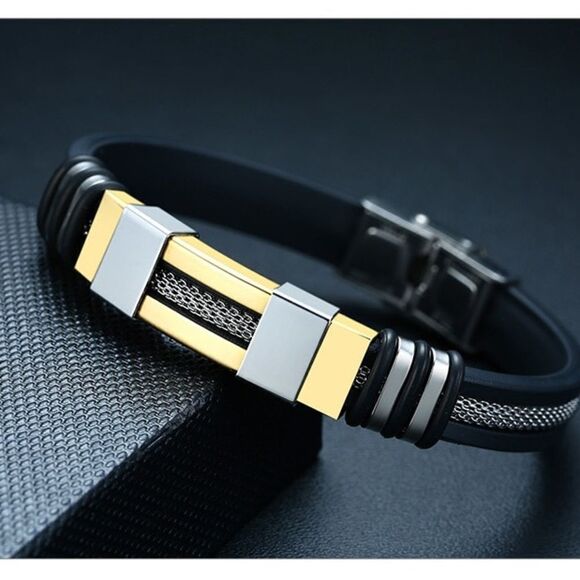 💎OS4💎 Gorgeous Black Silicone Stainless Steel Mens Unisex Bracelet - Picture 11 of 16